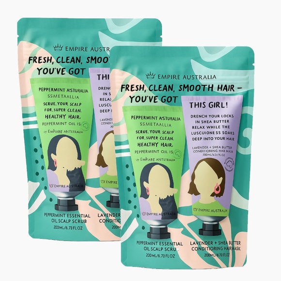 2x Pouch Empire Australia Hair Duo: Peppermint Scalp Scrub + Lavender Mask  New - Picture 1 of 5